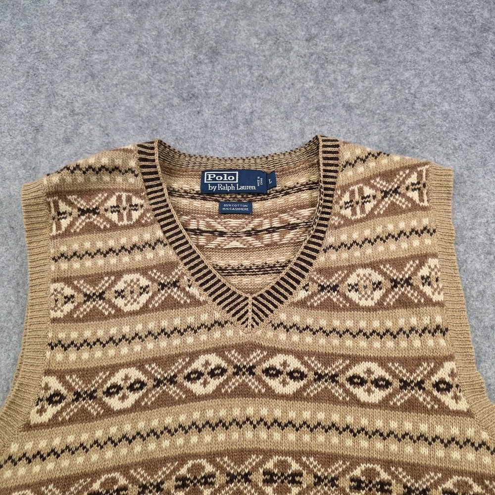 Polo Ralph Lauren Sweater Vest Mens Large Brown Cotton Cashmere Fair Isle V Neck - Picture 5 of 9